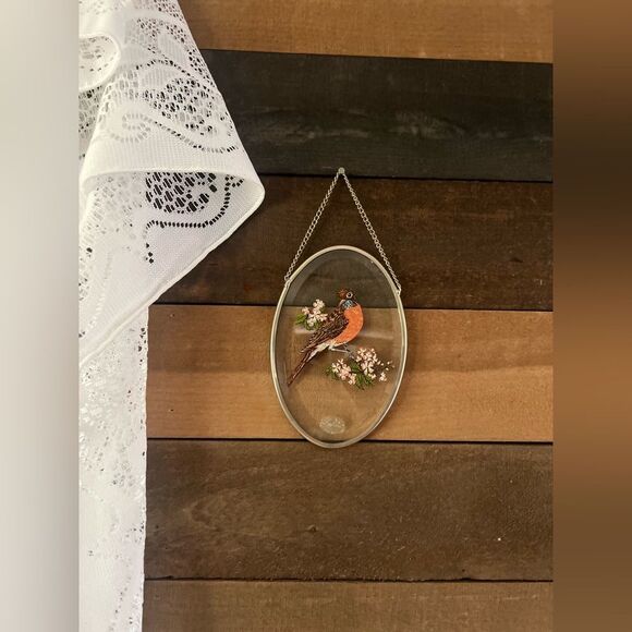 Vintage Bird Lyford Robin Sun Catcher Beveled Glass Window Hanging Floral Design - Picture 5 of 8